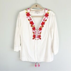 Trina Turk White Floral Embroidered Long Sleeve Top Small